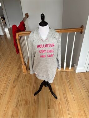 Hollister Light Heather Gray Pullover Hoodie with Pink Logo